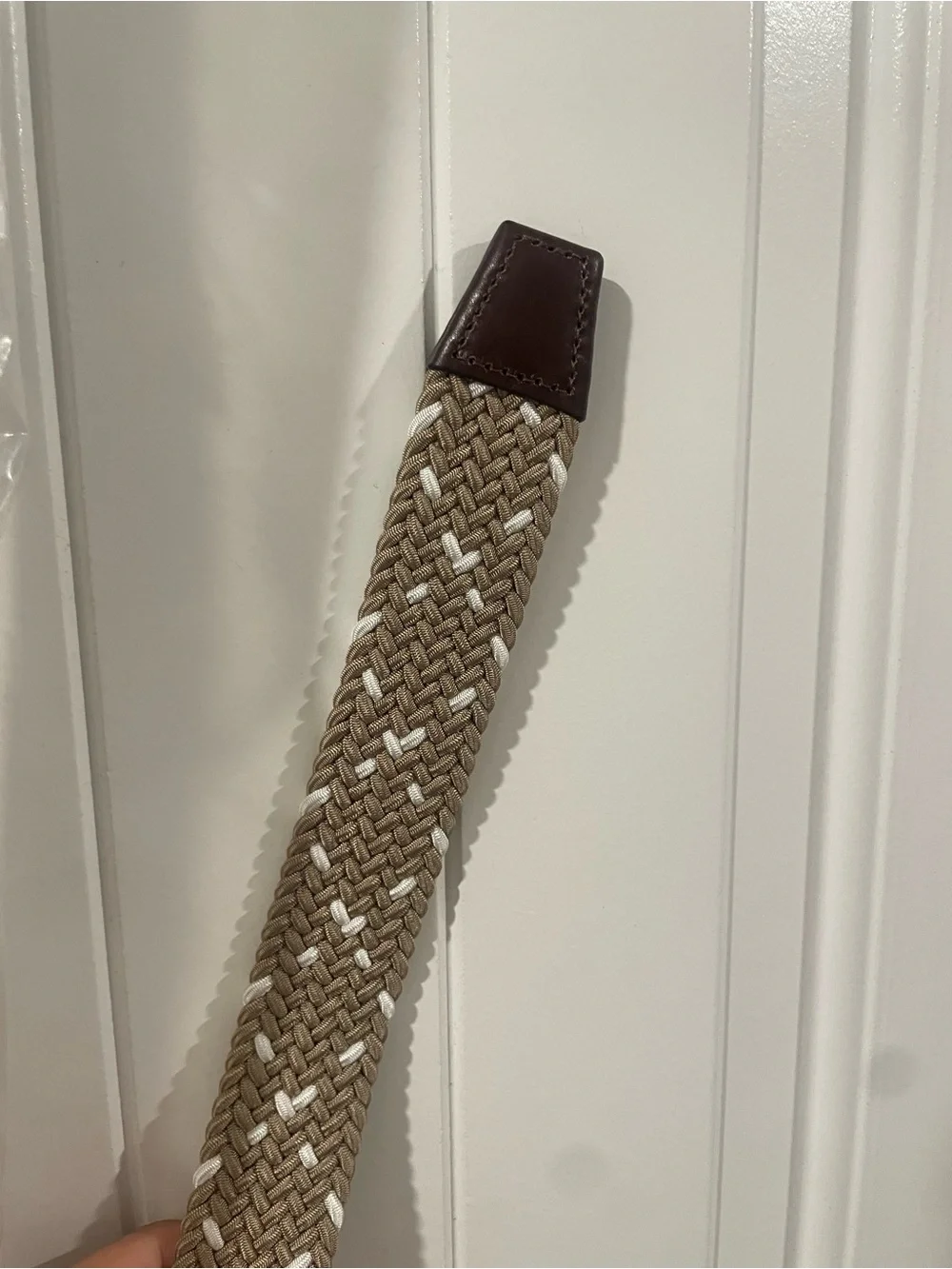 Braided Tan and White Men's Belt with Brown Leather End